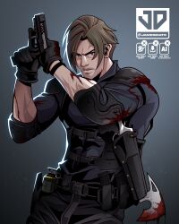  1boy absurdres axe black_gloves black_pants black_shirt blood blood_on_arm blood_on_clothes blood_on_weapon blue_eyes brown_hair closed_mouth collared_shirt commentary cowboy_shot gloves grey_background gun handgun highres holding holding_gun holding_weapon james_diato leon_s._kennedy male_focus mature_male pants parted_bangs resident_evil resident_evil_requiem shirt short_hair solo trigger_discipline twitter_username veins veiny_arms weapon 