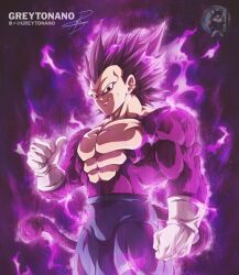  1boy absurdres aura blue_bodysuit body_fur bodysuit dragon_ball dragon_ball_gt dragon_ball_super gloves greytonano highres looking_at_viewer male_focus monkey_boy monkey_tail muscular muscular_male no_eyebrows no_nipples pants pectorals purple_fur purple_hair smile solo spiky_hair super_saiyan super_saiyan_4 tail ultra_ego_(dragon_ball) vegeta violet_eyes white_gloves 