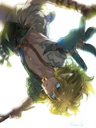  1boy aqua_eyes blonde_hair body_markings falling gladiator_sandals glowing glowing_eyes hair_between_eyes highres holding holding_stick link long_hair male_focus midair outstretched_hand parted_lips pointy_ears sandals sidelocks solo stick the_legend_of_zelda the_legend_of_zelda:_tears_of_the_kingdom white_background yamiochirink 