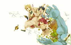  1girl 3boys aladdin_(magi) alibaba_saluja arms_up bird blonde_hair blue_hair braid braided_ponytail commentary_request dress food fruit full_body looking_ahead magi_the_labyrinth_of_magic masuo1992 morgiana multiple_boys one_eye_closed pink_hair shoes side_ponytail smile uugo white_dress 