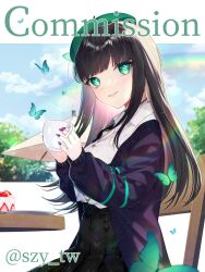  1girl beret black_hair black_skirt blunt_bangs blush border bug butterfly butterfly-shaped_pupils cake cardigan chair choker clouds collared_shirt commission cowboy_shot cup day food from_side fruit green_butterfly green_choker green_eyes green_hat hands_up hat high-waist_skirt highres holding holding_cup indie_virtual_youtuber letterboxed light_particles long_hair long_sleeves looking_at_viewer looking_to_the_side nail_polish open_cardigan open_clothes open_collar outdoors outside_border parted_lips patio_umbrella purple_cardigan purple_nails raina_illune rainbow shirt shirt_tucked_in shizuya_(szy_tw) sitting skeb_commission skirt smile solo strawberry symbol-shaped_pupils table teacup tilted_headwear tree twitter_username virtual_youtuber watermark watermark_grid white_border white_shirt 