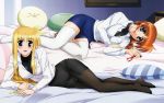  2girls bed blonde_hair blue_eyes blush fate_testarossa female long_hair lyrical_nanoha mahou_shoujo_lyrical_nanoha_strikers multiple_girls red_eyes skirt stockings takamachi_nanoha thigh-highs thighhighs uniform 