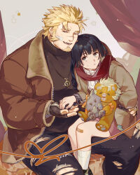  1boy 1girl bandaid bandaid_on_knee bandaid_on_leg black_gloves black_hair black_pants black_shirt blonde_hair brown_jacket closed_eyes commentary_request facial_hair gloves goatee hand_in_pocket hetero highres jacket jacob_(housamo) jewelry long_hair long_sleeves nanaisan_(713) necklace open_mouth pants protagonist_2_(housamo) red_scarf scar scar_on_face scarf shirt sitting tokyo_afterschool_summoners torn_clothes torn_pants 