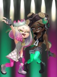  2girls arm_up black_boots black_hair boots breasts cropped_vest crown dark-skinned_female dark_skin dbwuqldvec82805 dress fingerless_gloves gloves gradient_hair green_eyes green_hair green_pantyhose headphones highres inkling light_smile long_hair marina_(off_the_hook_outfit)_(splatoon) marina_(splatoon) mole mole_under_mouth multicolored_hair multiple_girls navel_piercing octoling open_mouth pantyhose pearl_(off_the_hook_outfit)_(splatoon) pearl_(splatoon) piercing pink_hair pink_pantyhose posing short_dress short_eyebrows smile splatoon_(series) splatoon_2 suction_cups tentacle_hair thick_eyebrows tongue tongue_out vest white_boots white_dress white_hair yellow_eyes zipper_dress zipper_footwear zipper_pull_tab 