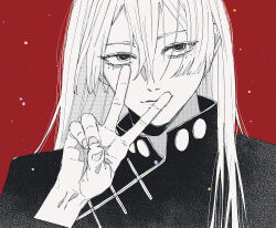  1boy collared_jacket commentary_request cutout_eyelashes eyes_visible_through_hair greyscale_with_colored_background hair_between_eyes highres hiruhiko_(kagurabachi) jacket kagurabachi long_hair looking_at_viewer male_focus mark_under_both_eyes moccimoccio monochrome multiple_moles portrait red_background solo v 