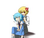  blonde_hair cirno grin hairdressing hihachi multiple_girls rumia short_hair sitting sitting_on_lap sitting_on_person smile touhou youkai 