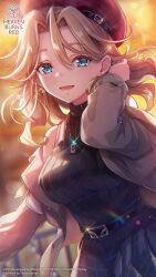  1girl :d adjusting_hair backlighting bare_shoulders belt beret black_belt black_skirt black_sweater blonde_hair blue_eyes blurry blurry_background breasts carole_reaper carole_reaper_(carnival_rendezvous) casual coat copyright_name copyright_notice cowboy_shot earrings eyelashes floating_hair glint grey_coat hair_behind_ear hair_between_eyes hat heaven_burns_red highres jewelry large_breasts looking_at_viewer lower_teeth_only medium_hair necklace night official_alternate_costume official_art official_wallpaper open_clothes open_coat open_mouth outdoors plaid_clothes plaid_hat plaid_skirt pleated_skirt railing red_hat ribbed_sweater skirt sleeveless sleeveless_turtleneck smile solo sweater teeth turtleneck turtleneck_sweater winter_clothes 