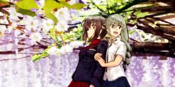 2girls anchovy_(girls_und_panzer) anzio_school_uniform black_jacket black_ribbon blue_skirt breasts brown_eyes brown_hair clenched_teeth closed_mouth drill_hair floral_background girls_und_panzer green_eyes hair_between_eyes hair_ribbon hands_on_another's_arm happy highres hug jacket kuromorimine_military_uniform large_breasts long_hair long_sleeves medium_breasts military military_jacket military_uniform miniskirt mizutamari_mari monkey_ears monkey_girl multiple_girls nishizumi_maho open_mouth parted_lips pleated_skirt red_eyes red_shirt red_skirt ribbon school_uniform shirt short_hair short_sleeves skirt smile teeth tree twin_drills twintails white_shirt