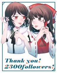  2girls :| absurdres ascot black_collar black_hair black_ribbon black_trim blue_border border bow brown_eyes brown_hair closed_mouth collar commentary_request detached_sleeves english_text frilled_bow frilled_hair_tubes frills frown hair_bow hair_tubes hakurei_reimu half-closed_eyes highres holding holding_towel long_hair long_sleeves milestone_celebration multiple_girls neck_ribbon own_hands_together pointy_ears puffy_short_sleeves puffy_sleeves red_ascot red_bow red_eyes red_ribbon red_shirt ribbon ribbon-trimmed_sleeves ribbon_trim shameimaru_aya shirt short_hair short_sleeves simple_background swept_bangs tongue tongue_out toraneko_2 touhou towel towel_around_neck upper_body v-shaped_eyebrows white_background white_collar white_shirt white_sleeves wide_sleeves yuri 