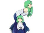  age_difference blush breasts child detached_sleeves dual_persona frog_hair_ornament green_eyes green_hair hair_ornament hair_tubes kochiya_sanae long_hair multiple_girls open_mouth short_hair skirt smile snake sutenuko time_paradox touhou young 
