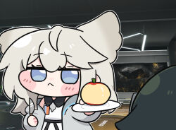  2girls :< animal_ears apple arknights arknights:_endfield beleullin bird_ears bird_girl blue_eyes chibi chibi_only commentary_request dress endministrator_(arknights) female_endministrator_(arknights) food fruit grey_hair grey_jacket highres holding holding_plate jacket korean_commentary multiple_girls perlica_(arknights) plate white_dress 