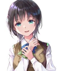  1girl :d aoi_erika aqua_eyes black_hair blue_bow blue_bowtie blush bow bowtie brown_vest collared_shirt commentary eringi_mejiro eyelashes hair_between_eyes hand_on_own_wrist hands_up heaven_burns_red highres leaf_wreath long_sleeves looking_at_viewer medium_hair open_mouth shirt simple_background smile solo upper_body vest white_background white_shirt wolf_cut 