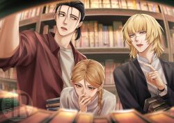  1girl 2boys alternate_costume alternate_hairstyle artist_logo badeni black_hair black_jacket blonde_hair blush book bookshelf braid braided_ponytail brown_hair brown_shirt chi.:_chikyuu_no_undou_ni_tsuite commentary_request contemporary hand_to_own_mouth height_difference high_ponytail highres holding holding_book iorbtyn jacket jolenta library logo looking_at_another multiple_boys oczy open_clothes open_shirt pointing ponytail scar scar_on_face scar_on_lip scar_on_mouth scar_on_nose shirt single_braid standing tonsure unbuttoned watch watch white_shirt 