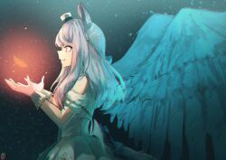  1girl absurdres animal_ears clothing_cutout feathered_wings feathers gloves hat highres horse_ears horse_girl horse_tail long_hair mejiro_mcqueen_(end_of_the_skies)_(umamusume) mejiro_mcqueen_(umamusume) mini_hat mini_top_hat official_alternate_costume ootato open_mouth purple_hair short_sleeves shoulder_cutout smile solo tail tilted_headwear top_hat umamusume violet_eyes white_gloves white_hat wings 