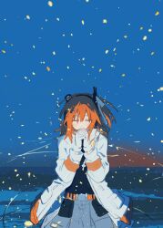  1girl a.i._voice adachi_rei belt black_shirt cable coat dated_commentary dawn facing_viewer gloves grey_skirt hair_ribbon headlamp headphones highres long_sleeves medium_hair one_side_up open_clothes open_coat orange_hair outdoors own_hands_clasped own_hands_together pouch ribbon sfrabbit shirt shirt_tucked_in skirt solo upper_body utau white_coat white_gloves 