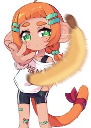  1girl banana bandaid bandaid_on_leg black_shorts commentary commission food freckles fruit green_eyes hair_bobbles hair_ornament hairclip highres indie_virtual_youtuber kiirokuma meme orange_hair shirt shorts simple_background smulchy_(vtuber) solo tail white_background white_shirt woe_plague_be_upon_ye_(meme) 