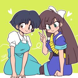  2girls :> black_hair blue_dress bow brown_eyes brown_hair commentary dress fuurinkan_high_school_uniform green_background green_eyes hair_bow japanese_clothes kuonji_ukyou long_hair looking_back multiple_girls ranma_1/2 school_uniform short_hair tendou_akane v wanta_(futoshi) white_bow 