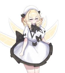  1girl absurdres aged_up black_bow blonde_hair bow breasts dress drill_hair fairy fairy_wings hair_bow hat highres large_breasts looking_at_viewer luna_child medium_hair multiple_wings red_eyes ribbon short_sleeves simple_background solo thrownaloecrown touhou white_background white_hat wings 