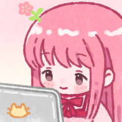  1girl argyle_clothes argyle_dress artist_request bloom_poetry_(shining_nikki) blush_stickers bow bowtie brown_eyes cat chibi chinese_commentary closed_mouth commentary_request computer dress flower gradient_background happy highres laptop long_hair looking_at_object nikki_(nikki) nikki_(series) official_art pinafore_dress pink_background pink_dress pink_flower pink_hair red_bow red_bowtie second-party_source shining_nikki shirt sidelocks sleeveless sleeveless_dress smile solo straight_hair tareme two-tone_background upper_body white_shirt yellow_background 