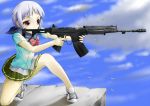  1girl fnc gun highres purple_eyes rifle school_uniform serafuku short_hair silver_hair skirt solo upotte!! violet_eyes weapon 