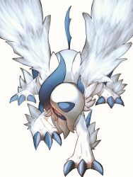  absol bright_pupils claws creature creature_focus facial_mark forehead_mark hashtag-only_commentary highres looking_at_viewer mega_absol mega_pokemon no_humans pine_senpai pokemon pokemon_(creature) pokemon_focus red_eyes simple_background tail white_background white_fur white_pupils white_wings wings 