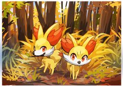  border branch commentary_request fennekin forest full_body grass hazikamiio highres looking_at_viewer mouth_hold nature no_humans one-hour_drawing_challenge outdoors pokemon pokemon_(creature) pokemon_focus red_eyes standing tree white_border 