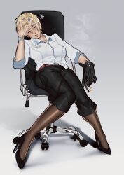  1girl absurdres black_gloves black_pants black_shoes blue_nails breasts brown_pantyhose chair closed_eyes commentary culottes english_commentary full_body gloves headache high_heels highres knees_together_feet_apart medium_breasts nail_polish office_chair office_lady pants pantyhose pixie_cut resident_evil resident_evil_requiem sherry_birkin shirt shoes short_hair single_glove sitting sleeves_rolled_up solo sugarspikes swivel_chair watch watch when_you_see_it white_shirt 