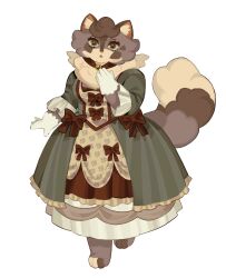  1girl :o animal_ears animal_feet barefoot bow cat_ears cat_girl cat_tail choker classic_lolita commentary dovewing dress english_commentary fashion fluffy frilled_dress frilled_sleeves frills full_body furry furry_female gem gloves green_dress green_eyes grey_fur grey_hair hand_up highres layered_dress lolita_fashion long_sleeves looking_at_viewer mimi_(mourninglamby) neck_fur omen_of_the_stars personification red_bow red_choker rococo_movement short_hair simple_background solo standing standing_on_one_leg tachi-e tail warrior_cats white_background white_gloves 