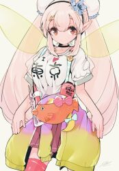  1girl bad_id bad_twitter_id breasts closed_mouth clothes_around_waist cowboy_shot elf elu_(1st_costume)_(nijisanji) elu_(nijisanji) fairy_wings fish_bag green_wings i_heart... jacket jacket_around_waist large_breasts long_hair looking_at_viewer maymay_pic miniskirt nijisanji pleated_skirt pointy_ears red_thighhighs shirt short_sleeves simple_background skirt smile solo standing t-shirt thigh-highs twintails very_long_hair virtual_youtuber white_background white_shirt wings 