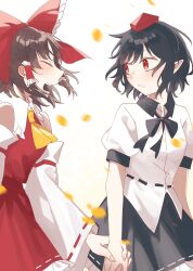  2girls ^_^ ascot belt black_belt black_bow black_bowtie black_collar black_hair black_skirt black_trim blurry blush bow bowtie brown_hair closed_eyes collar commentary_request depth_of_field detached_sleeves dress falling_leaves floating_hair frilled_bow frilled_hair_tubes frilled_skirt frills from_side hair_bow hair_tubes hakurei_reimu hat highres holding_hands leaf light_blush long_sleeves medium_hair multiple_girls open_mouth parted_lips pointy_ears puffy_short_sleeves puffy_sleeves red_bow red_dress red_eyes red_hat red_ribbon ribbon ribbon-trimmed_sleeves ribbon_trim shameimaru_aya shirt short_hair short_sleeves simple_background skirt smile swept_bangs teeth tokin_hat toraneko_2 touhou upper_body upper_teeth_only white_background white_shirt white_sleeves wide_sleeves yellow_ascot yuri 