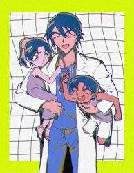  1girl 2boys aged_down blue_eyes blue_pants blue_shirt border brown_hair child closed_eyes cowboy_shot dress fukushiro_hijiri furrowed_brow grid_background hair_between_eyes hair_ribbon hattori_heiji jacket lab_coat long_hair meitantei_conan multiple_boys nervous_smile open_mouth pants parted_bangs pink_ribbon pink_sandals ponytail purple_dress purple_shirt ribbon sandals sayaendou0426 shirt shorts smile stethoscope_around_neck sweatdrop tears tooyama_kazuha white_jacket white_shorts yellow_border 