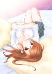  bed breasts brown_hair cleavage crossed_arms long_hair lying on_back ooshima_towa original pillow red_eyes shirt short_sleeves skirt solo upside-down white_shirt 