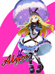  1girl alyce_(dohna_dohna) arched_bangs asymmetrical_legwear black_bodysuit black_gloves black_shoes blonde_hair blue_dress blue_eyes blue_umbrella bodysuit bodysuit_under_clothes braid character_name copyright_name dohna_dohna_issho_ni_warui_koto_o_shiyou dress flower footwear_flower frilled_dress frilled_sleeves frilled_umbrella frills full_body gloves heterochromia holding holding_umbrella layered_dress long_hair off-shoulder_dress off_shoulder official_art onono_imoko parted_lips pigeon-toed pink_eyes pocket_watch print_umbrella puffy_short_sleeves puffy_sleeves purple_flower purple_rose rose shoes short_sleeves side_braids solo standing star_(symbol) star_print twin_braids two-tone_dress umbrella watch white_dress white_sleeves 