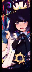  1girl :o absurdres belt belt_buckle black_dress black_hair blue_gloves blunt_bangs blush bob_cut buckle coat commentary commission dress english_commentary gloves gradient_hair gwynn_(pokemon) hat highres looking_at_viewer multicolored_hair o-ring o-ring_belt open_clothes open_coat open_mouth partially_fingerless_gloves pokemon pokemon_legends:_z-a purple_hair rnna short_hair solo v violet_eyes white_coat white_hat 