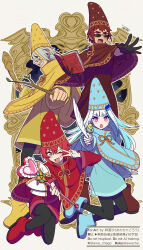  2boys 2girls :d :o ange_katrina animal animal_on_shoulder ankle_boots aqua_dress bans bird bird_on_shoulder black_gloves black_pantyhose blonde_hair blue_boots blue_cloak blue_eyes blue_hair blue_hat blunt_bangs blush book boots brown_boots brown_cloak brown_dress brown_hat cloak clothed_animal club_(weapon) colored_inner_hair commentary_request dot_nose dress gloves gradient_eyes grey_hair grin hair_between_eyes hair_ornament hand_up hands_up hat heart_wand highres holding holding_book holding_club holding_quill holding_stick holding_wand holding_weapon indie_virtual_youtuber lize_helesta long_bangs long_hair long_sleeves looking_at_viewer looking_over_eyewear maasa magical_girl matching_outfits medium_hair multicolored_eyes multicolored_hair multiple_boys multiple_girls nijisanji one_eye_closed open_book open_mouth outline outstretched_arm pantyhose quill red_boots red_cloak red_dress red_hair red_hat red_pupils scar scar_on_cheek scar_on_face sebastian_piyodore semi-rimless_eyewear sharp_teeth short_dress short_hair signature smile stick streaked_hair sunglasses teeth tenkai_tsukasa triangle_hair_ornament two-tone_hair utai_meika v v-shaped_eyebrows v_over_eye very_long_hair violet_eyes virtual_youtuber wand watermark weapon white_hair white_outline wizard_hat yapyap yellow_boots yellow_cloak yellow_dress yellow_eyes yellow_hat 