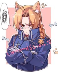  1boy amestris_military_uniform animal_ear_fluff animal_ears blonde_hair blue_jacket blush braid braided_ponytail cat_boy cat_ears cat_paw commentary commission cropped_torso crossed_arms curtained_hair edward_elric fullmetal_alchemist gloves highres jacket long_hair male_focus ponytail single_braid solo triangle_mouth twitter_username untranslatable_commentary white_gloves yeknnnnn yellow_eyes 