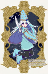 1girl :o animal animal_on_shoulder ankle_boots aqua_dress bird bird_on_shoulder black_background black_pantyhose blue_boots blue_cloak blue_hair blue_hat blunt_bangs blush boots border brown_border cloak clothed_animal colored_inner_hair commentary_request dot_nose dress full_body hair_ornament hand_up hat highres holding holding_quill inset_border lize_helesta long_hair long_sleeves looking_at_viewer maasa multicolored_hair nijisanji open_mouth ornate_border outline outside_border outstretched_arm pantyhose quill sebastian_piyodore short_dress signature streaked_hair two-tone_hair very_long_hair violet_eyes virtual_youtuber watermark white_hair white_outline wizard_hat yapyap 