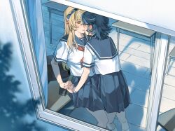  2girls absurdres black_hair black_hairband black_sailor_collar black_skirt blonde_hair classroom commentary desk from_outside glasses hairband hashtag-only_commentary highres holding_hands interlocked_fingers jiguang_haibao koishikawa_iko long_hair medium_hair momijiyama_teru multiple_girls pleated_skirt sailor_collar school_desk school_uniform serafuku shirt shy_(series) skirt white_shirt yellow_eyes yuri 
