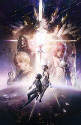  1other 2boys 2girls absurdres aemeath_(wuthering_waves) artist_name bare_shoulders black_dress black_gloves black_hair black_jacket black_pants blonde_hair breasts closed_mouth commentary dress dual_persona english_commentary exostrider_(wuthering_waves) female_rover_(wuthering_waves) gloves highres holding holding_sword holding_weapon jacket leotard looking_at_viewer luuk_herssen_(wuthering_waves) male_rover_(wuthering_waves) medium_breasts multiple_boys multiple_girls pants pink_hair rover_(wuthering_waves) schwarzloch_(wuthering_waves) sword ui_uiiiiiiiii weapon white_gloves white_leotard wuthering_waves 