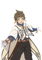  1boy artist_request belt belt_bag black_pants blue_shirt brown_belt brown_hair coat cowboy_shot earrings feather_earrings feathers fingerless_gloves game_cg gloves green_eyes jewelry looking_at_viewer official_art open_mouth orange_feathers pants sheath sheathed shirt short_hair smile solo sorey_(tales) standing sword tales_of_(series) tales_of_asteria tales_of_zestiria third-party_source transparent_background weapon white_coat white_gloves 