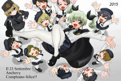  6+girls ;d amaretto_(girls_und_panzer) anchovy_(girls_und_panzer) anzio_(emblem) anzio_school_uniform arms_up belt black_belt black_cape black_hair black_hat black_jacket black_necktie black_ribbon black_shirt black_shoes blonde_hair blue_skirt bologna_(girls_und_panzer) braid breasts brown_hair cape carpaccio_(girls_und_panzer) celebration clenched_hands closed_eyes closed_mouth dated drill_hair emblem fascist fez_hat flag_print gelato_(girls_und_panzer) girls_und_panzer glasses hair_ribbon hands_on_own_hips happy_birthday hat italian_commentary italian_flag italian_flag_print jacket large_breasts loafers long_hair looking_at_viewer matsui_yasutsugu medium_hair multiple_girls naporitan_(matsui_yasutsugu) necktie one_eye_closed open_hands open_mouth original panettone_(girls_und_panzer) pantyhose pepperoni_(girls_und_panzer) pleated_skirt rectangular_eyewear red_eyes ribbon robiola_(girls_und_panzer) round_eyewear school_uniform shirt shoes short_hair side_braid single_braid skirt smile standing thigh-highs twin_drills twintails white_pantyhose white_thighhighs yellow_eyes 
