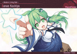  1girl antenna_hair aqua-lia arm_up artbook artist_name black_necktie blue_skirt breasts brown_shoes character_name collared_shirt detached_sleeves feet_out_of_frame floating_hair foot_out_of_frame frog_hair_ornament from_above hair_ornament hair_tubes highres kochiya_sanae large_breasts long_hair long_sleeves looking_at_viewer looking_up necktie non-web_source official_art open_mouth pointing pointing_at_viewer pointing_up shirt shoes skirt sleeveless sleeveless_shirt smile snake_hair_ornament solo sparkling_eyes standing star_(symbol) touhou v-shaped_eyebrows white_shirt white_sleeves wide_sleeves 