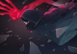 1girl absurdres black_background black_coat black_hair broken_glass coat commentary covered_mouth english_commentary fate/strange_fake fate_(series) from_side glass highres hood hood_up hooded_coat ichira mouth_veil no_name_assassin_(fate) profile red_eyes simple_background solo torn_clothes veil zabaniya_(fate) 