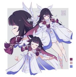  1girl black_hair bow closed_eyes closed_mouth color_guide colored_inner_hair columbina_(genshin_impact) commentary dress english_commentary genshin_impact gradient_hair grey_background hair_intakes hair_ribbon head_wings long_hair looking_at_viewer multicolored_hair multiple_views musical_note ninji665102 open_mouth purple_hair purple_streaks qr_code ribbon sidelocks streaked_hair thigh_strap two-tone_background two-tone_hair violet_eyes white_background white_bow white_dress white_ribbon white_wings wings 