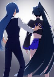  2girls ado_(utaite) black_hair black_shirt blue_hair blue_pants blue_skirt blue_vest commentary_request crop_top earclip from_behind hand_on_another's_back hand_on_own_hip highres long_hair merry_(ado) multiple_girls naima_(ado) nori_(norinori_yrl) pants pleated_skirt ponytail readymade_(ado) shirt skirt textless_version usseewa very_long_hair vest white_shirt 