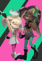  2girls arm_up black_boots black_hair boots cropped_vest crown dark-skinned_female dark_skin dbwuqldvec82805 dress fingerless_gloves gloves gradient_hair green_eyes green_hair green_pantyhose headphones highres inkling light_smile long_hair marina_(off_the_hook_outfit)_(splatoon) marina_(splatoon) mole mole_under_mouth multicolored_hair multiple_girls navel_piercing octoling pantyhose pearl_(off_the_hook_outfit)_(splatoon) pearl_(splatoon) piercing pink_hair pink_pantyhose short_dress short_eyebrows smile splatoon_(series) splatoon_2 suction_cups tentacle_hair thick_eyebrows vest white_boots white_dress white_hair yellow_eyes zipper_dress zipper_footwear zipper_pull_tab 