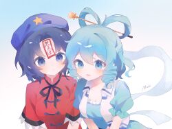  2girls absurdres artist_name black_ribbon blue_background blue_eyes blue_hair blue_shirt blue_skirt breasts chisel closed_mouth collared_vest commentary_request drill_hair drill_sidelocks feixianji_(hairstyle) gradient_background hagoromo hair_rings hat hat_ornament highres kaku_seiga leaning_forward medium_breasts misakiii miyako_yoshika multiple_girls neck_ribbon ofuda ofuda_on_head open_clothes open_vest parted_lips purple_hair purple_hat red_shirt ribbon shawl shirt short_hair short_sleeves sidelocks skirt star_(symbol) star_hat_ornament touhou vest white_vest 