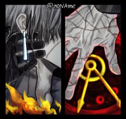  1boy 1other absurdres black_gloves clock close-up colored_skin commentary_request dante_(limbus_company) fire gloves grey_hair grey_skin highres korean_commentary limbus_company multiple_scars n0name pov pov_hands project_moon scar scar_on_face scar_on_hand scars_all_over vergilius_(project_moon) 