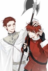  2boys absurdres axe belt black_gloves brothers cloak coat commentary_request fingerless_gloves gloves headpat highres holding holding_axe holding_weapon korean_commentary multiple_boys open_mouth red_coat red_eyes red_hair robe short_hair siblings soar_wle sousou_no_frieren stark_(sousou_no_frieren) stoltz_(sousou_no_frieren) weapon white_background white_cloak white_robe 