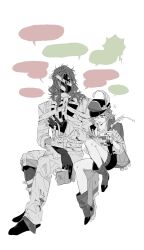  1boy 1girl :d aleph_(reverse:1999) blank_speech_bubble book boots covered_face full_body gloves greyscale hand_up hat hat_feather highres holding holding_book holding_notebook holding_quill invisible_chair jizhuileikunchong_(71902877) knee_up long_hair mask monochrome newsboy_cap notebook open_mouth pants quill recoleta_(reverse:1999) reverse:1999 shirt shoes shorts side-by-side sitting smile speech_bubble spot_color talking white_background writing 